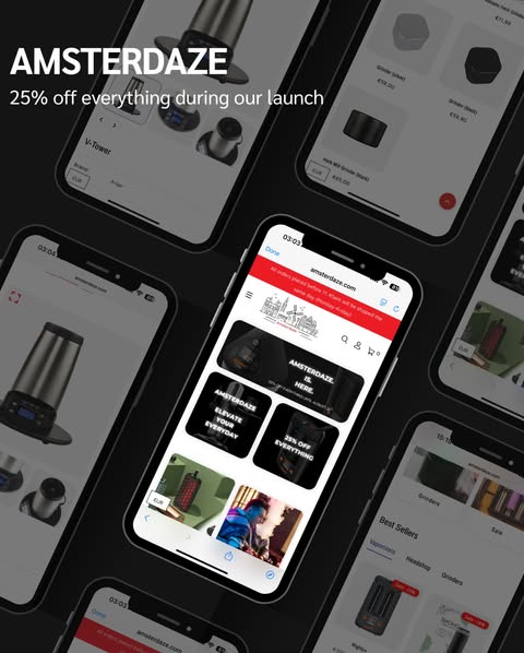 Phone displaying the Amsterdaze app with promotional text on a dark background
