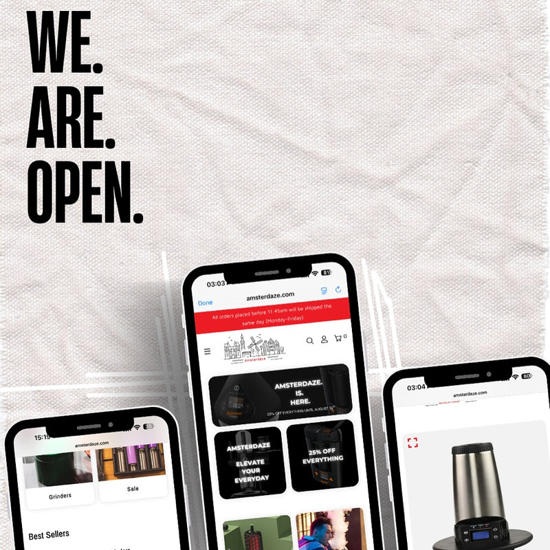 Three smartphones displaying a website on a textured white background with 'WE. ARE. OPEN.' text.